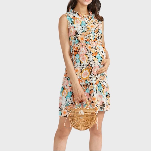 Dresses & Skirts - Maternity Floral  Nursing Sleeveless Ruffle Collar Sun Dress Size Medium